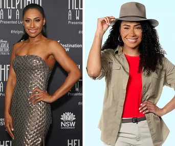 Two side-by-side images of a woman; one in a formal dress, the other in a casual outfit with a hat.