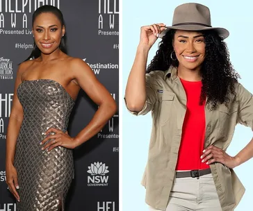 Two side-by-side images of a woman; one in a formal dress, the other in a casual outfit with a hat.
