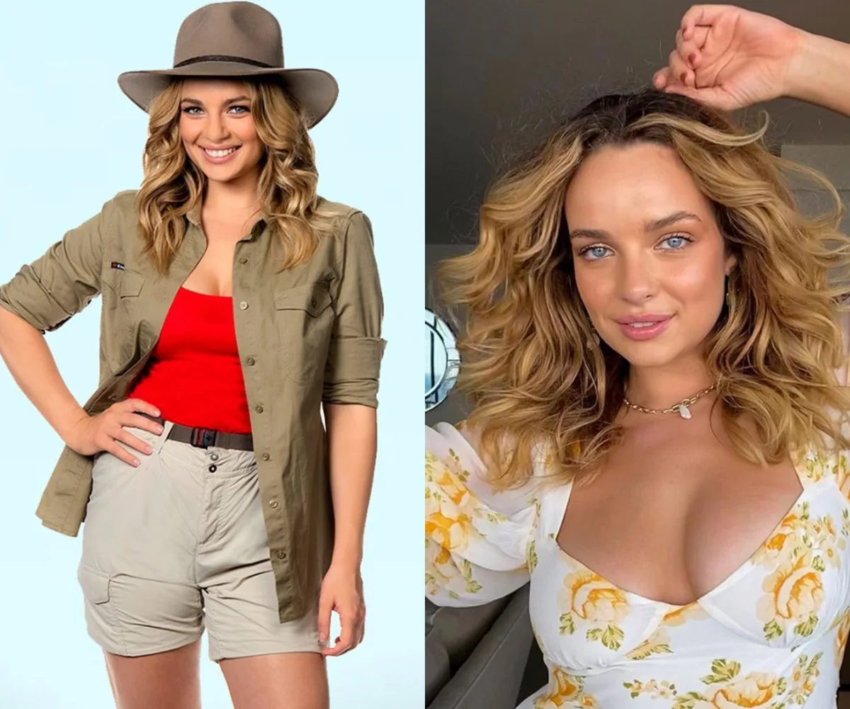 Two images of a woman: one in outdoor attire with a hat, and the other in a floral dress, both smiling with curly hair.