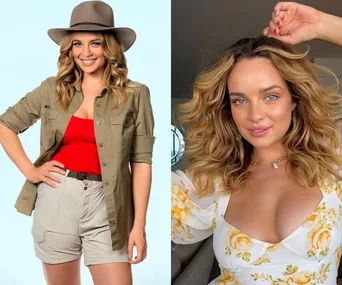 Two images of a woman: one in outdoor attire with a hat, and the other in a floral dress, both smiling with curly hair.
