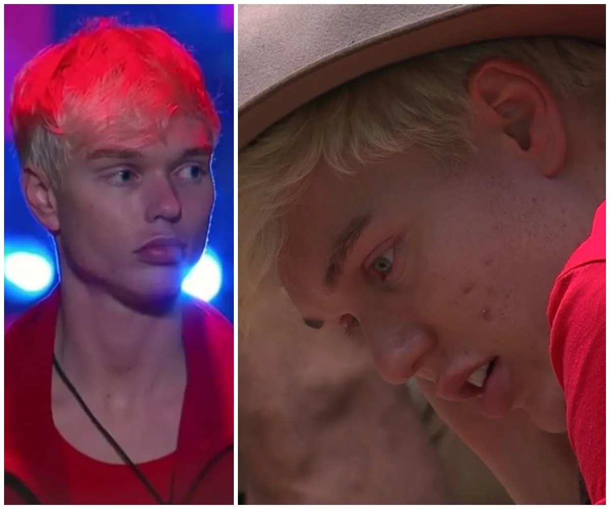 Two images of a person with blonde hair; left in red lighting, right wearing a hat with neutral expression.