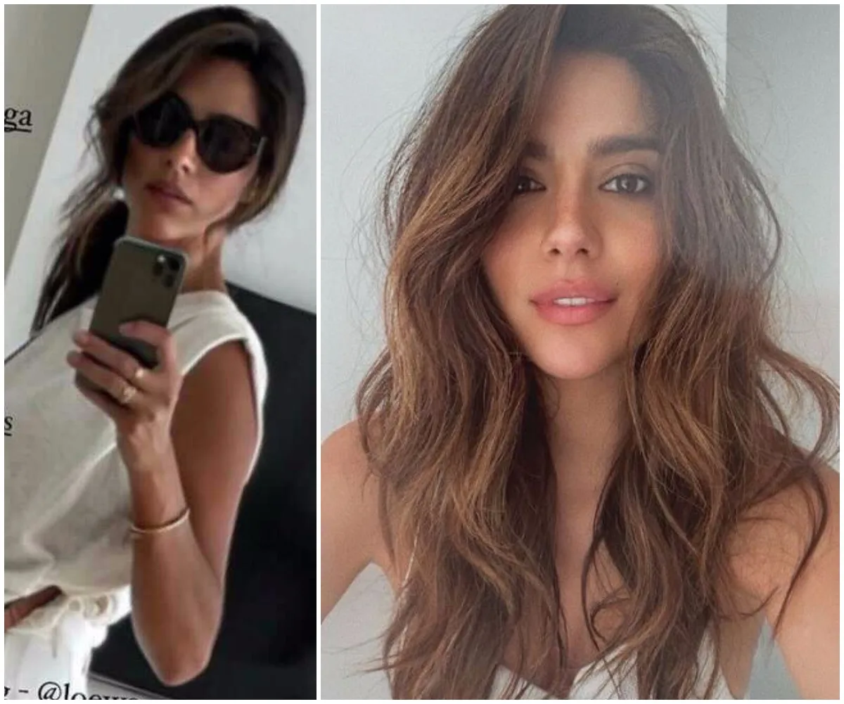 Woman taking a mirror selfie in sunglasses and white outfit; another portrait showing her with loose wavy hair.