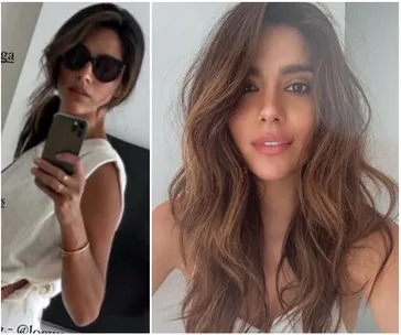 Woman taking a mirror selfie in sunglasses and white outfit; another portrait showing her with loose wavy hair.