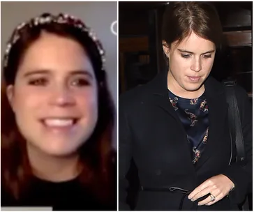 A woman smiling in a video call and walking outside in a dark coat, seen in a split image layout.