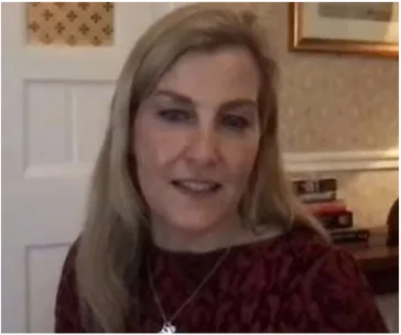 A woman with long blonde hair speaking during a virtual webinar from a room with books and patterned wallpaper.