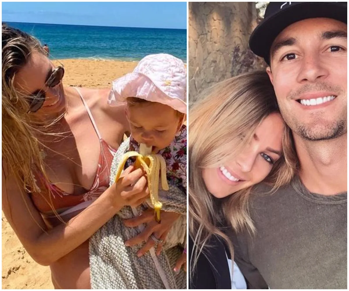 Beach scene with woman in bikini and toddler eating banana; adjacent image of smiling couple close-up.