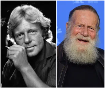 Two side-by-side images of an older man, one black-and-white and youthful, the other color and bearded.