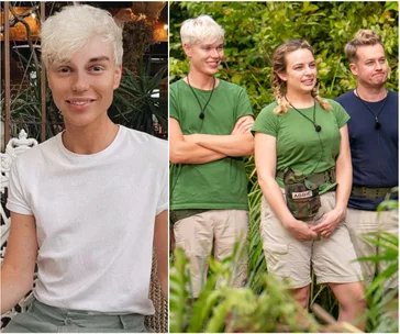 A person in a white shirt sitting and three people in the jungle wearing green and khaki, one with "Abbie" on a pouch.