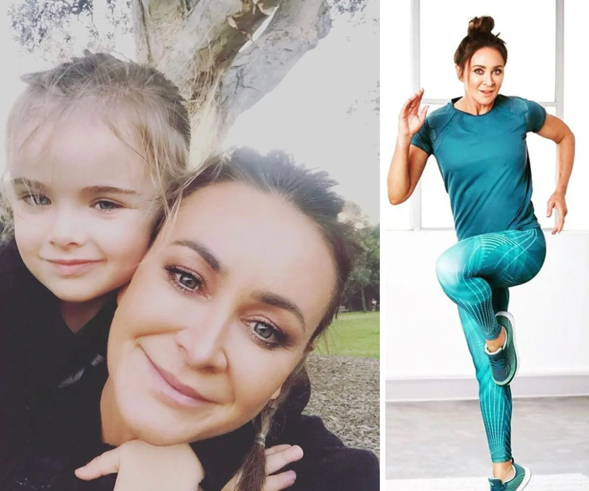 "Two-image collage: woman smiling with child in park and exercising in blue athletic wear indoors."