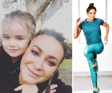 "Two-image collage: woman smiling with child in park and exercising in blue athletic wear indoors."