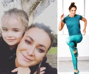 "Two-image collage: woman smiling with child in park and exercising in blue athletic wear indoors."
