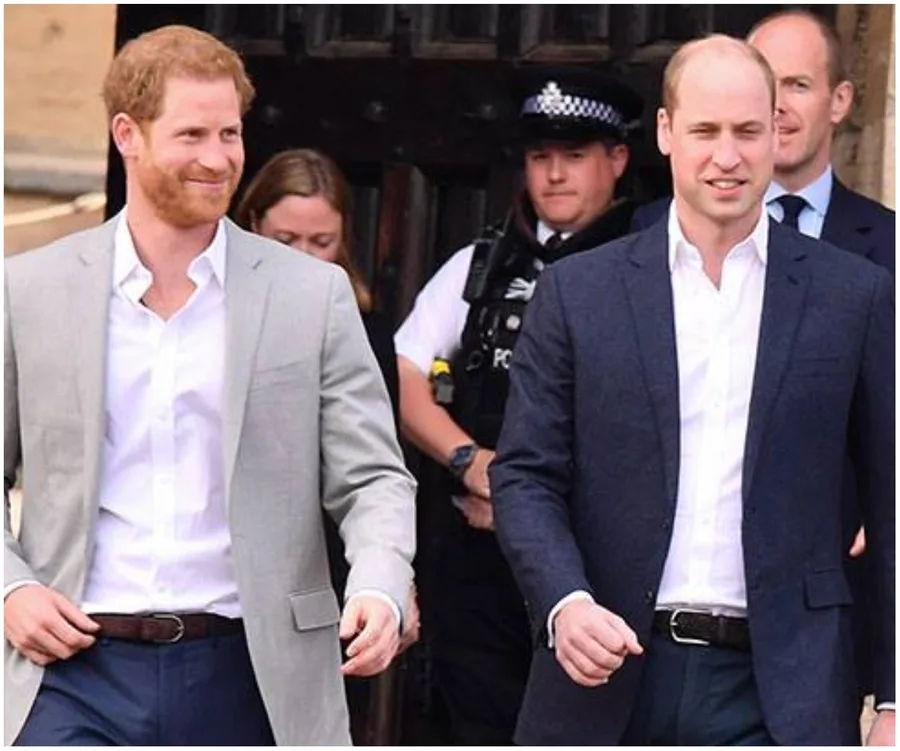 Prince Harry and Prince William walking together, smiling, in suits.