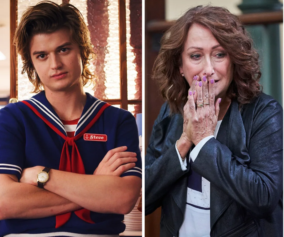 "Two characters: left in a sailor uniform with 'Steve' badge, right with surprised expression, hands covering mouth."