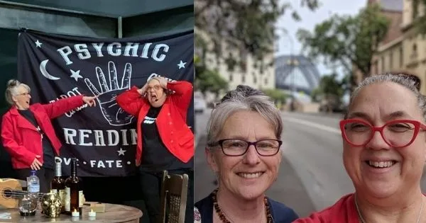 Two women in red jackets; one in front of a psychic reading banner, another taking a selfie near the Newcastle bridge.