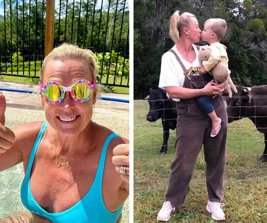 Lisa Curry in pool with colorful goggles; Lisa with a child and cow in a field.