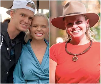 Alli Simpson in a red shirt and hat smiles outdoors (right); poses with a man in casual clothes (left).