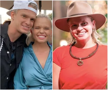 Alli Simpson in a red shirt and hat smiles outdoors (right); poses with a man in casual clothes (left).