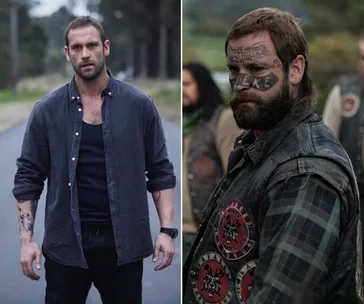 Man in two contrasting looks: casual with tattoos, and rugged with facial tattoos and leather vest.