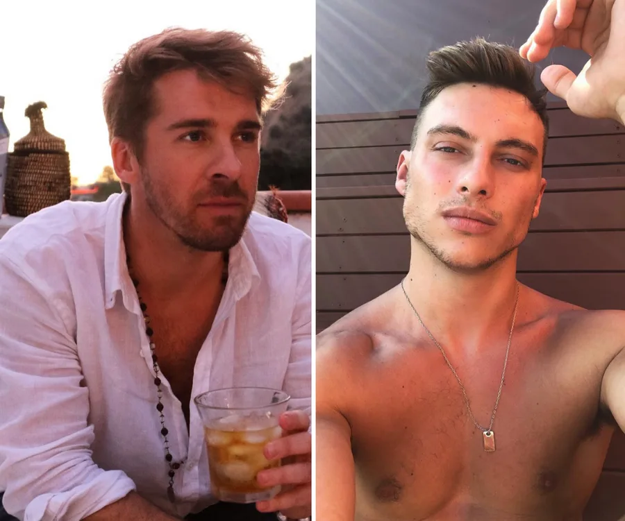 Two men, one in a white shirt holding a drink, and the other shirtless in sunlight.