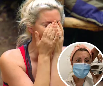 Jess Eva covering face distressed outdoors, masked in hospital setting in inset.