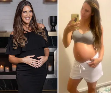 "Pregnant woman in a black dress on left, wearing gray top and white shorts taking a selfie on right."