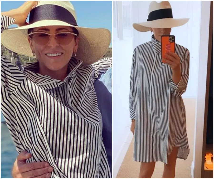 A person in a striped shirt dress and wide-brimmed hat, smiling outdoors and taking a mirror selfie indoors.