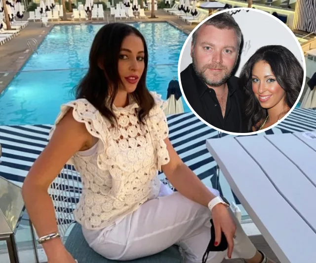 A woman in white sits by a pool; an inset shows her with a man at an event.