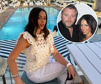 A woman in white sits by a pool; an inset shows her with a man at an event.