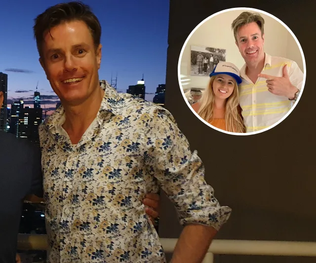 A man in a floral shirt with a city skyline at dusk; inset shows him with a woman indoors.