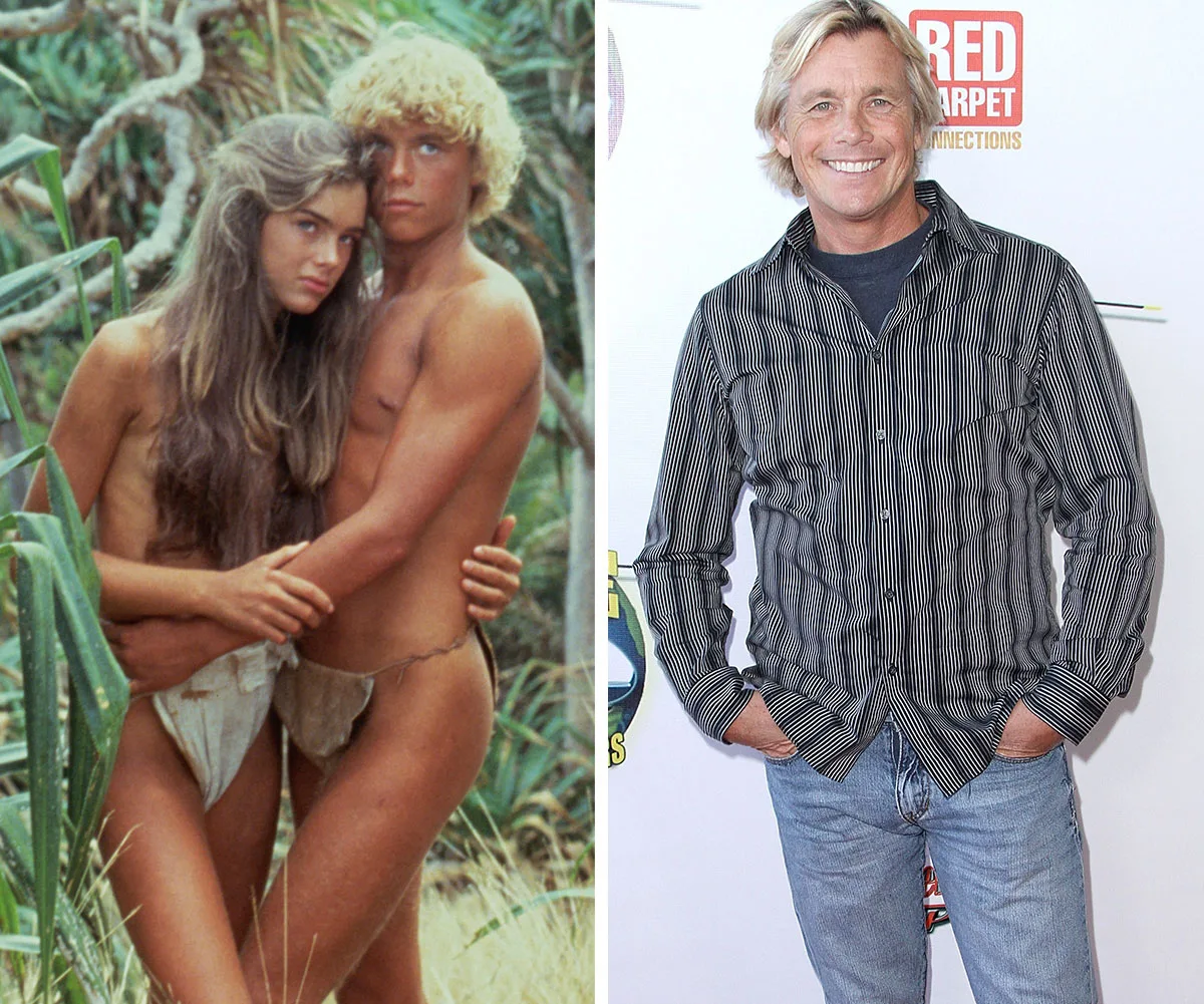 Left: Two young individuals in tropical attire in "The Blue Lagoon". Right: Older man smiling in casual wear.
