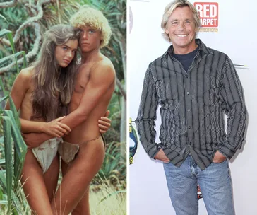 Left: Two young individuals in tropical attire in "The Blue Lagoon". Right: Older man smiling in casual wear.