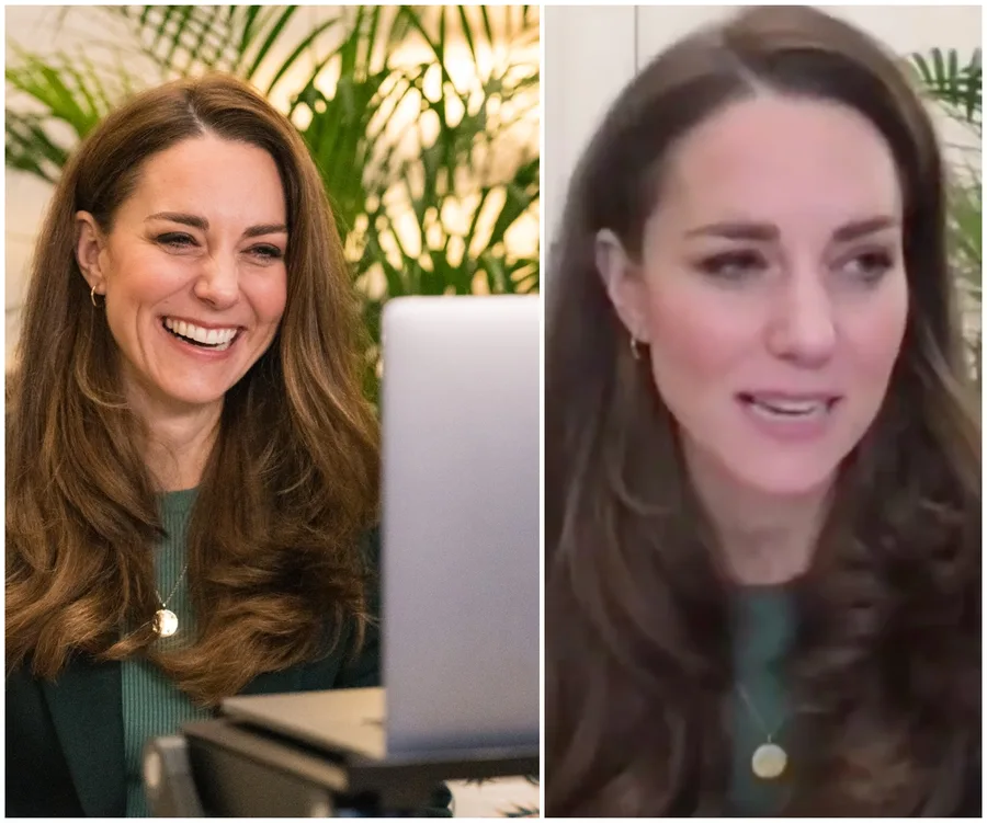 Woman with long brown hair smiling during a video call, wearing a green top and gold necklace in a home setting.