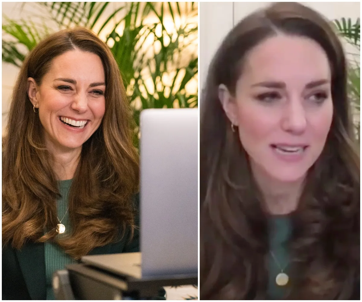 Woman with long brown hair smiling during a video call, wearing a green top and gold necklace in a home setting.