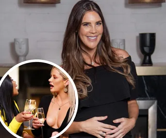 Pregnant woman smiling, inset shows two women with drinks discussing animatedly.