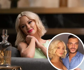 Jessika Power smiling on a couch; inset with her and a man posing together.