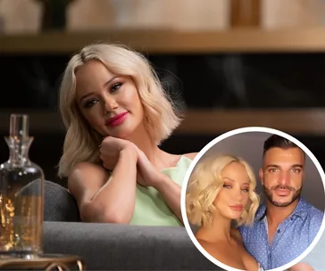 Jessika Power smiling on a couch; inset with her and a man posing together.