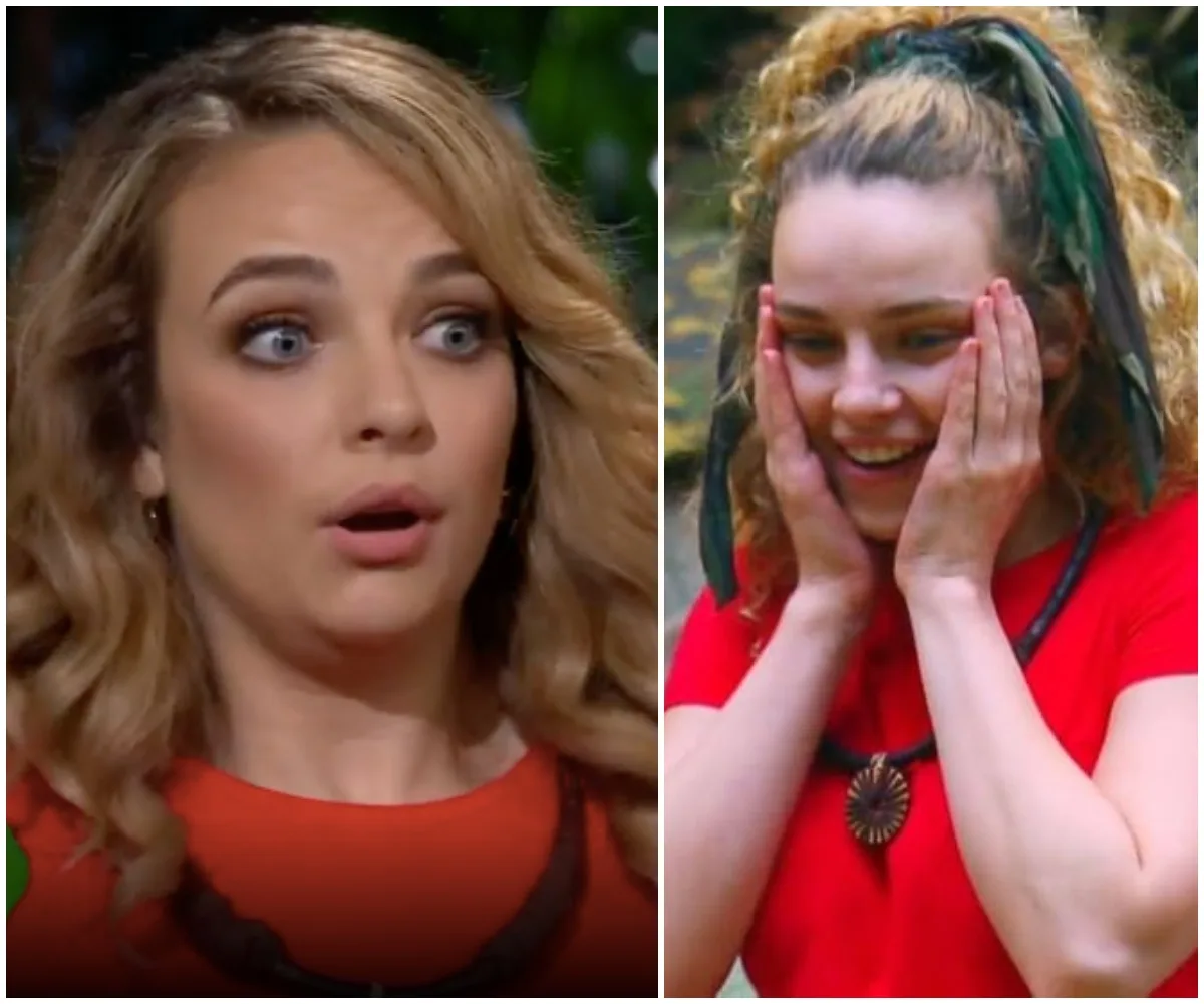 Two images of a woman in a red shirt reacting with surprise and joy.