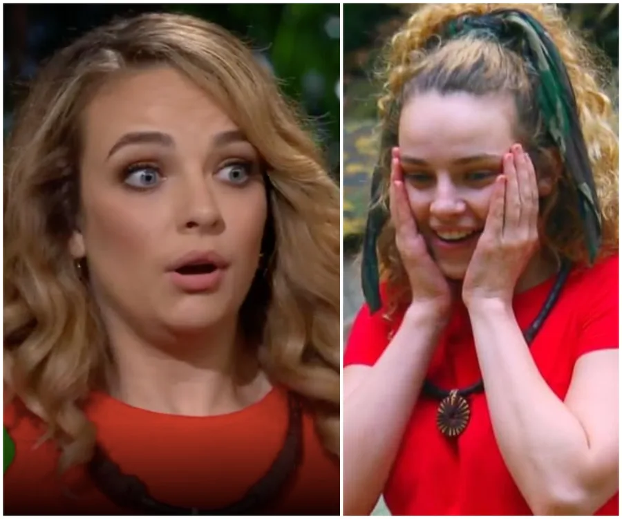 Two images of a woman in a red shirt reacting with surprise and joy.