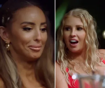 Two women from a reality TV reunion, one with a smirk, the other looking surprised, against a dark background.