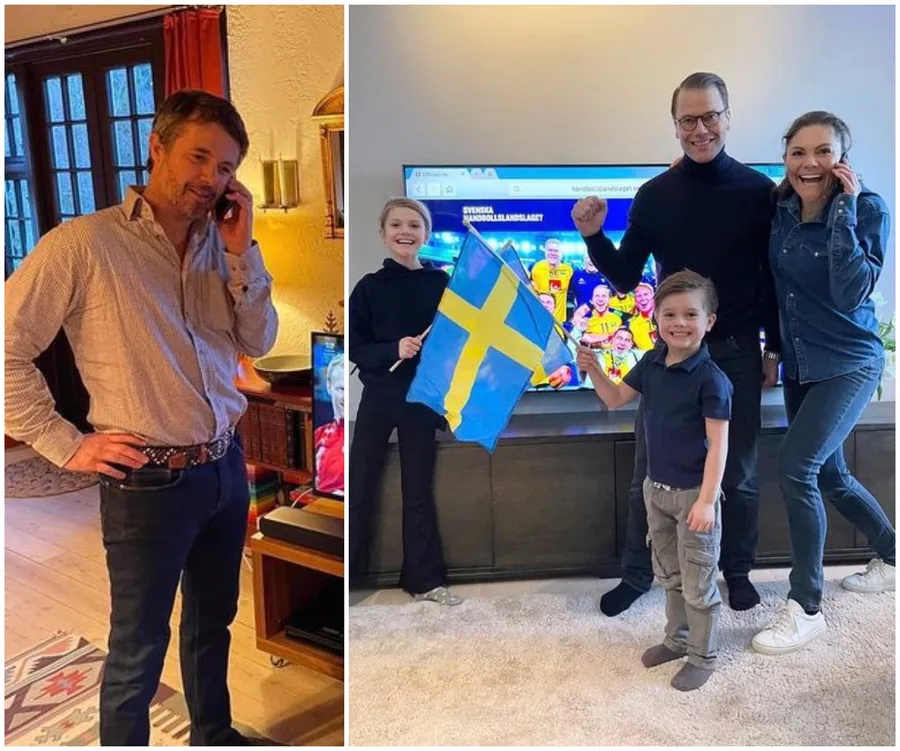 "Individuals celebrating a handball match, one holding a Swedish flag, others talking on phones indoors."