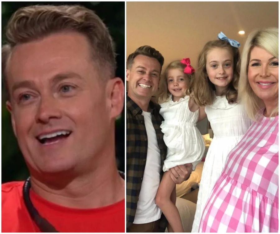 "Grant Denyer smiling on a show; with family smiling together in a warm indoor setting."