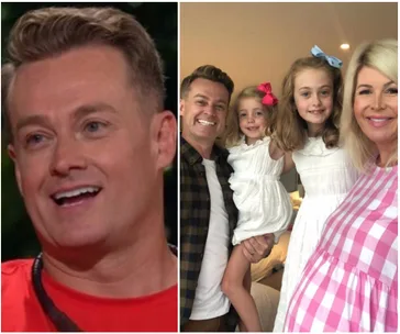 "Grant Denyer smiling on a show; with family smiling together in a warm indoor setting."