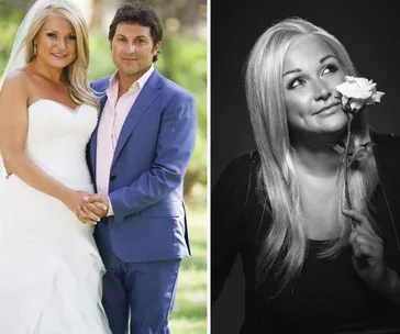 A couple stands outside in wedding attire; one holds a white rose.