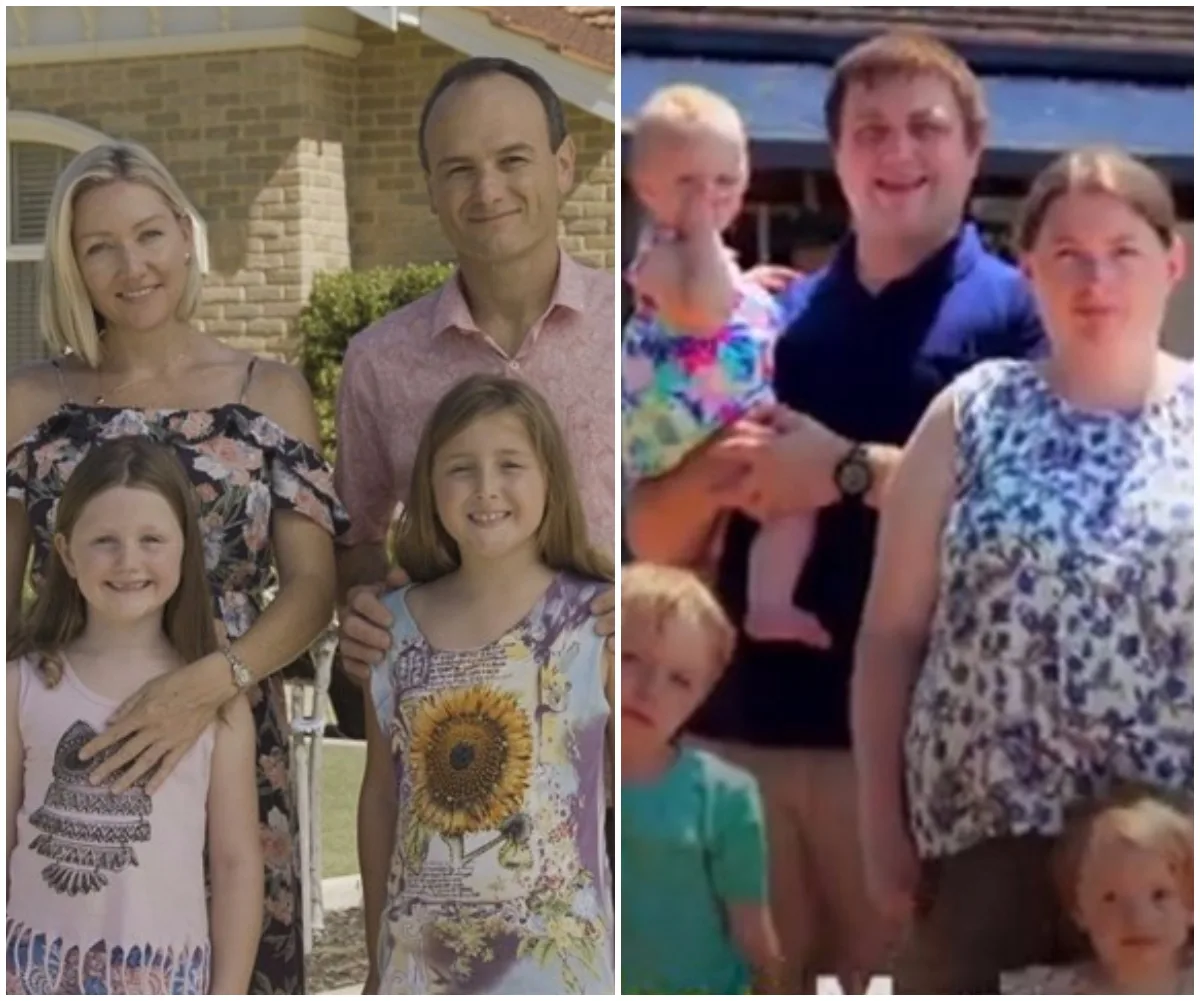 Two families from "Wife Swap Australia" stand outside their homes, with two parents and children in each family.