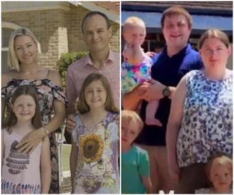 Two families from "Wife Swap Australia" stand outside their homes, with two parents and children in each family.