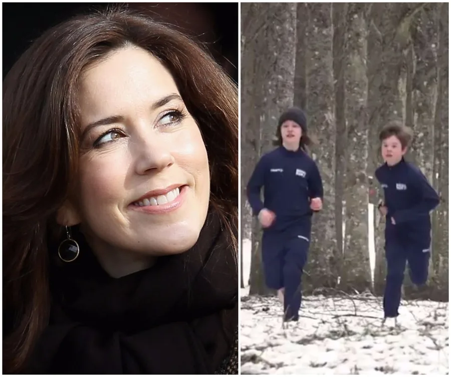 Crown Princess Mary smiling; two children in navy tracksuits running through a snowy forest.