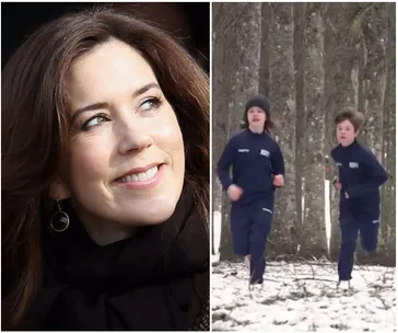 Crown Princess Mary smiling; two children in navy tracksuits running through a snowy forest.