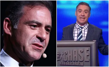Two images of a man: one speaking into a mic, another hosting a quiz show behind a "The Chase Australia" podium.