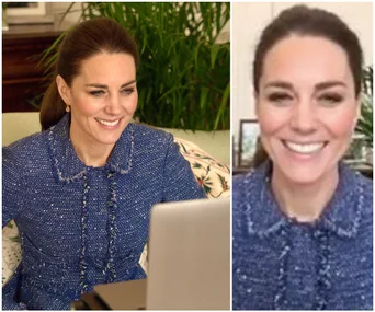 Royal in blue tweed jacket engaging in a virtual meeting, smiling warmly at the screen.