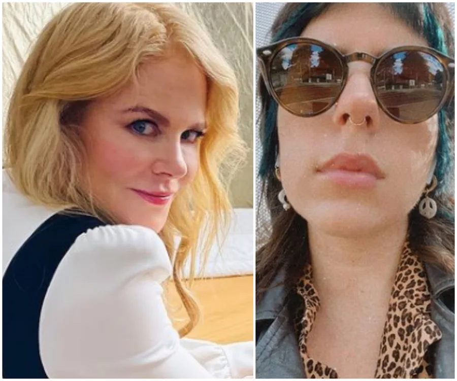 Woman with blonde hair smiling, beside another woman wearing sunglasses and a leopard-patterned shirt.